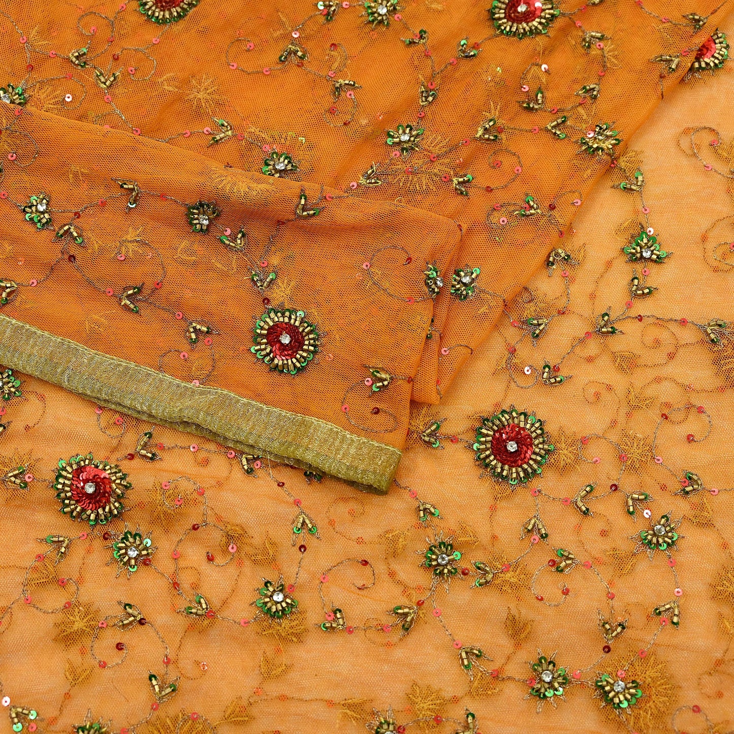 Indian Vintage Heavy Orange Dupatta Net Mesh Long Stole Hand Embroidered Scarves Glass Beaded Golden Sequins Wedding/ Bridal Veil Hijab
