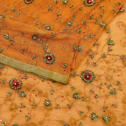 Indian Vintage Heavy Orange Dupatta Net Mesh Long Stole Hand Embroidered Scarves Glass Beaded Golden Sequins Wedding/ Bridal Veil Hijab
