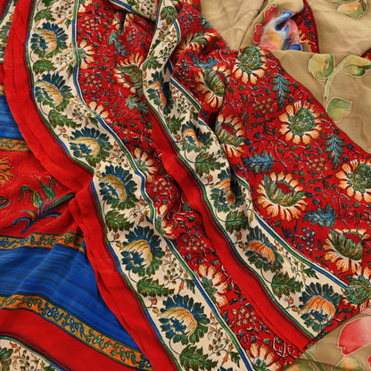 Indian Vintage Sari Red & Beige Pure Crepe Silk Printed Sarees 5yd Sewing Craft Fabric  Floral Soft Wrap Dress making Upcycle Quilting