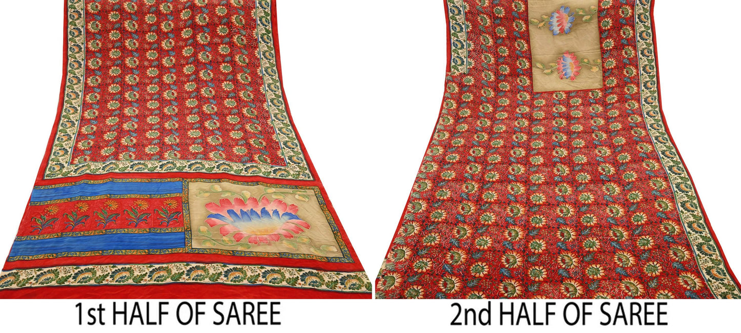 Indian Vintage Sari Red & Beige Pure Crepe Silk Printed Sarees 5yd Sewing Craft Fabric  Floral Soft Wrap Dress making Upcycle Quilting