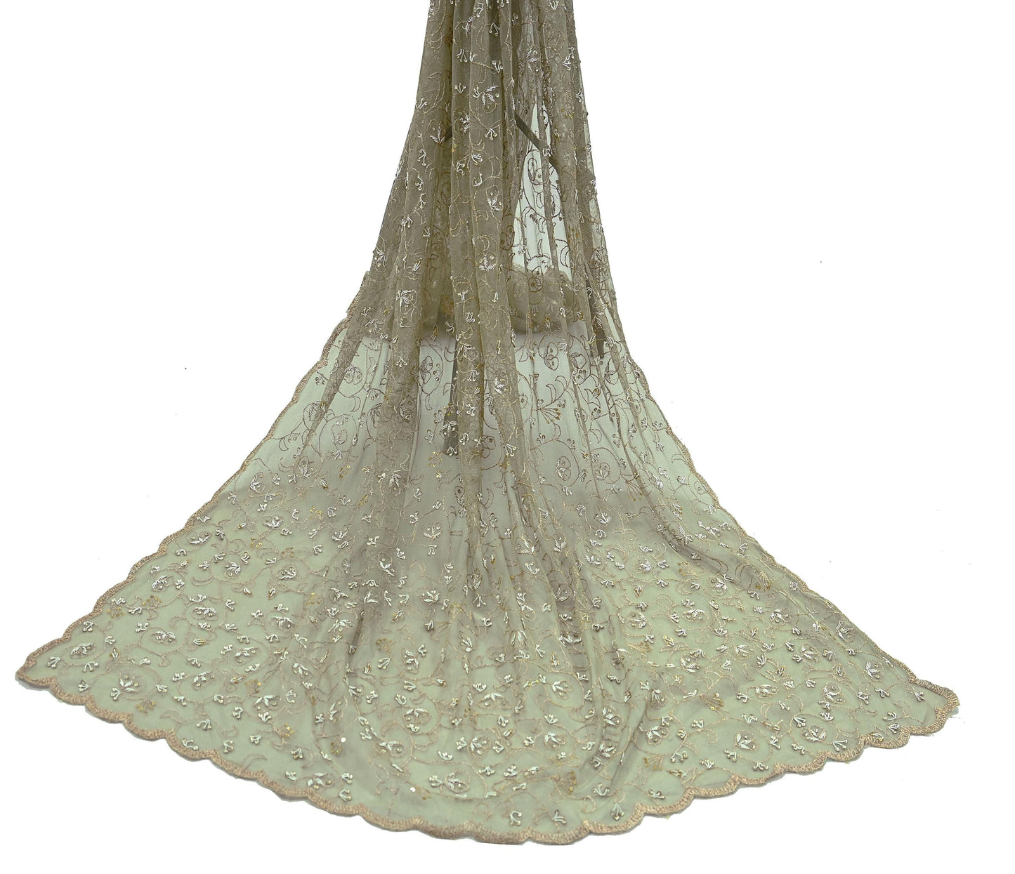 Indian Vintage Heavy Bridal Dupatta Green Net Mesh Long Stole Hand Embroidered Scarves Golden Zardozi Dabka Zari Wedding Veil Hijab
