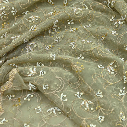 Indian Vintage Heavy Bridal Dupatta Green Net Mesh Long Stole Hand Embroidered Scarves Golden Zardozi Dabka Zari Wedding Veil Hijab