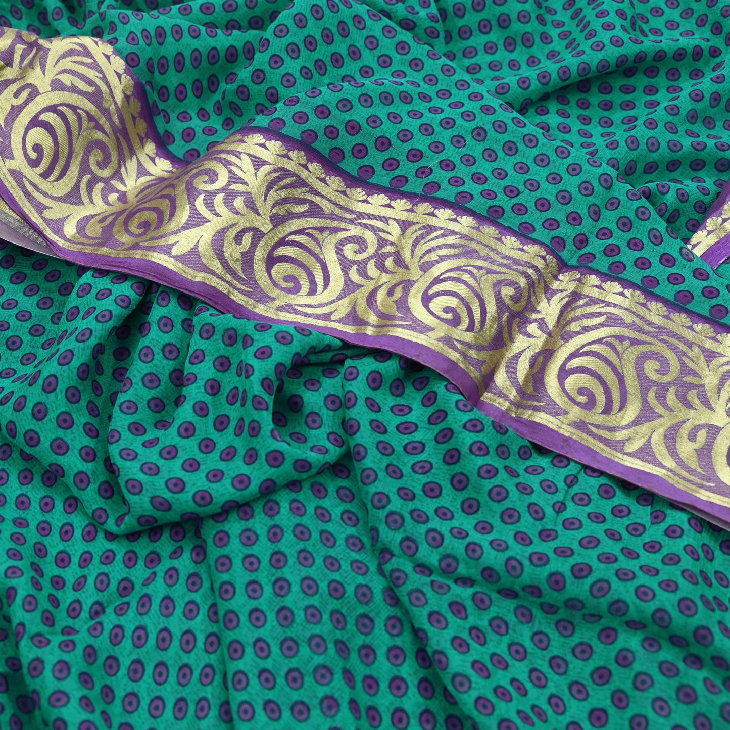 Indian Vintage Sari Green & Purple Pure Chiffon Silk Printed Sarees 5Yd Craft Fabric Sewing Soft Zari Border Dress Making Upcycle Quilting