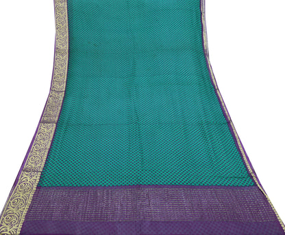 Indian Vintage Sari Green & Purple Pure Chiffon Silk Printed Sarees 5Yd Craft Fabric Sewing Soft Zari Border Dress Making Upcycle Quilting