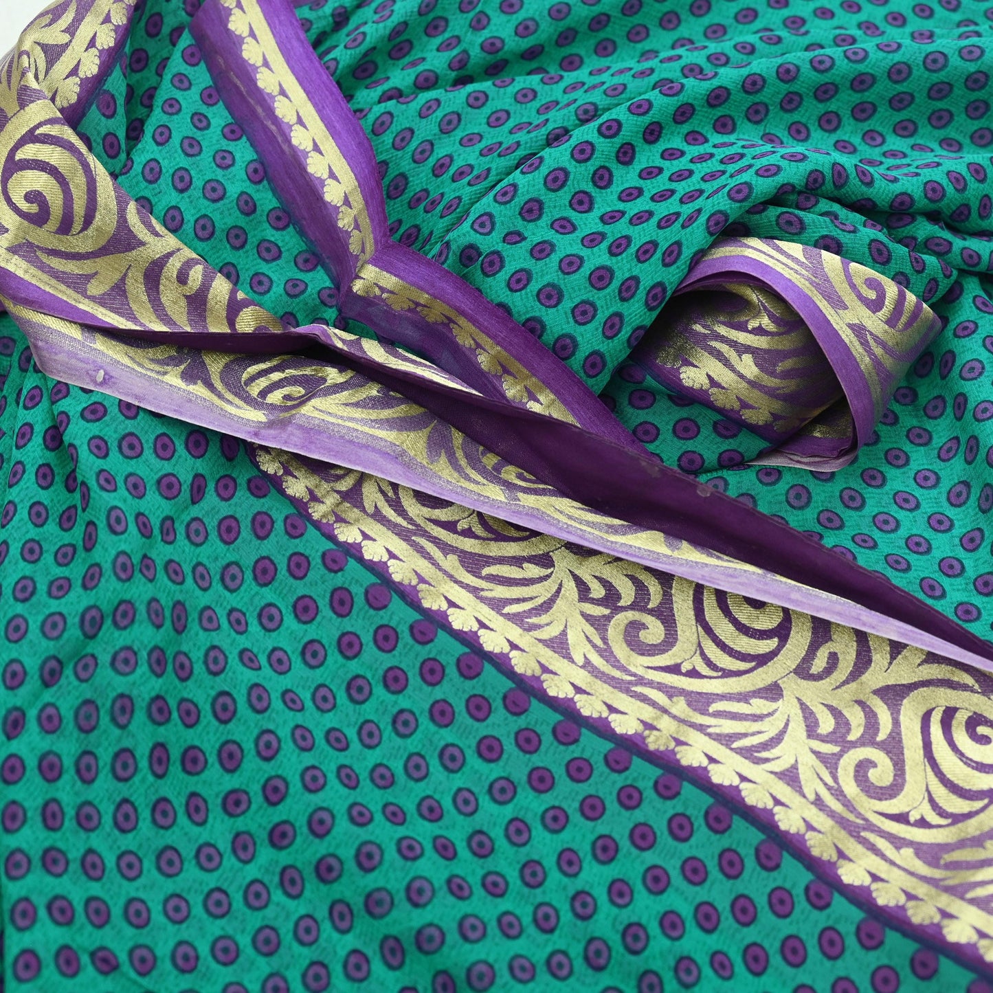 Indian Vintage Sari Green & Purple Pure Chiffon Silk Printed Sarees 5Yd Craft Fabric Sewing Soft Zari Border Dress Making Upcycle Quilting