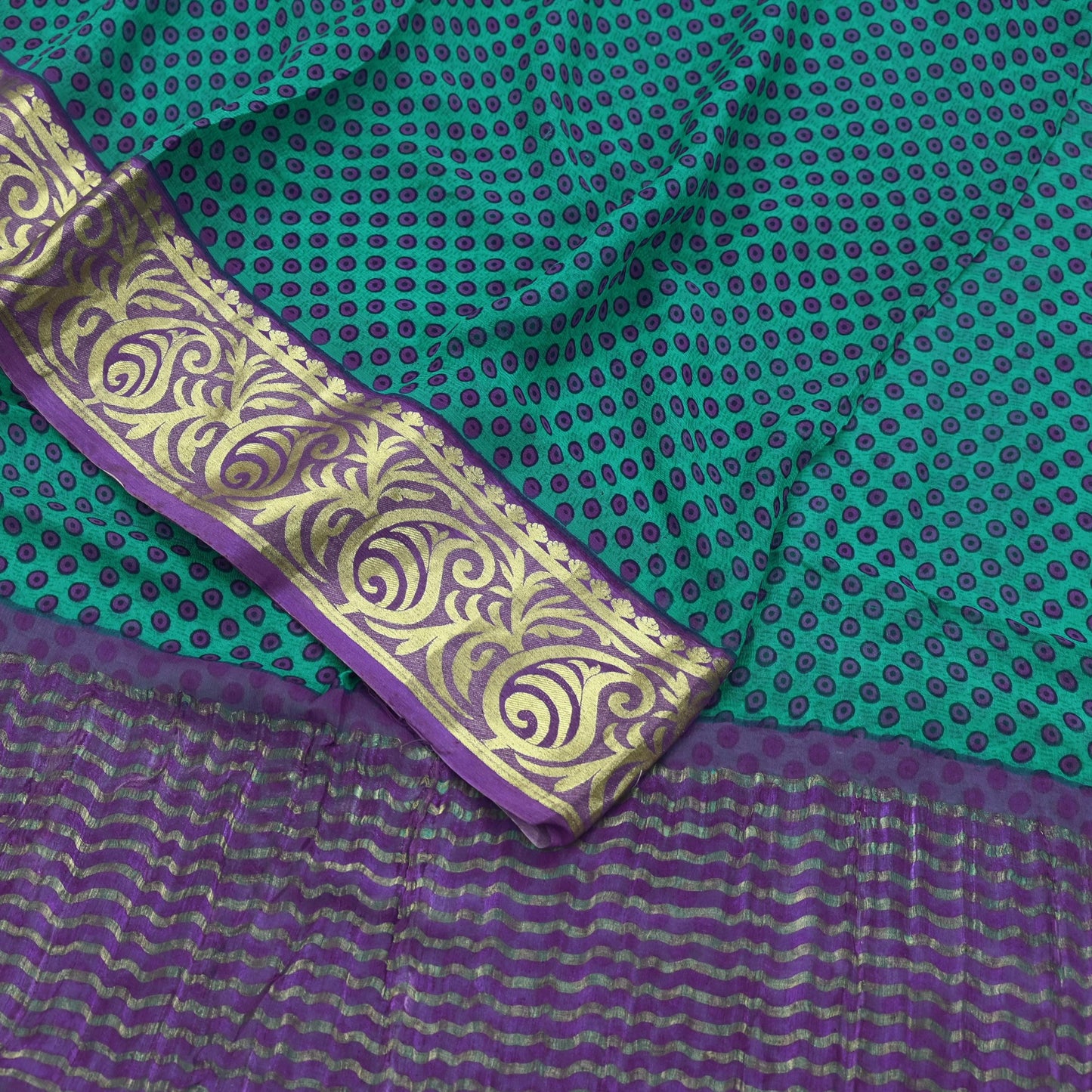 Indian Vintage Sari Green & Purple Pure Chiffon Silk Printed Sarees 5Yd Craft Fabric Sewing Soft Zari Border Dress Making Upcycle Quilting