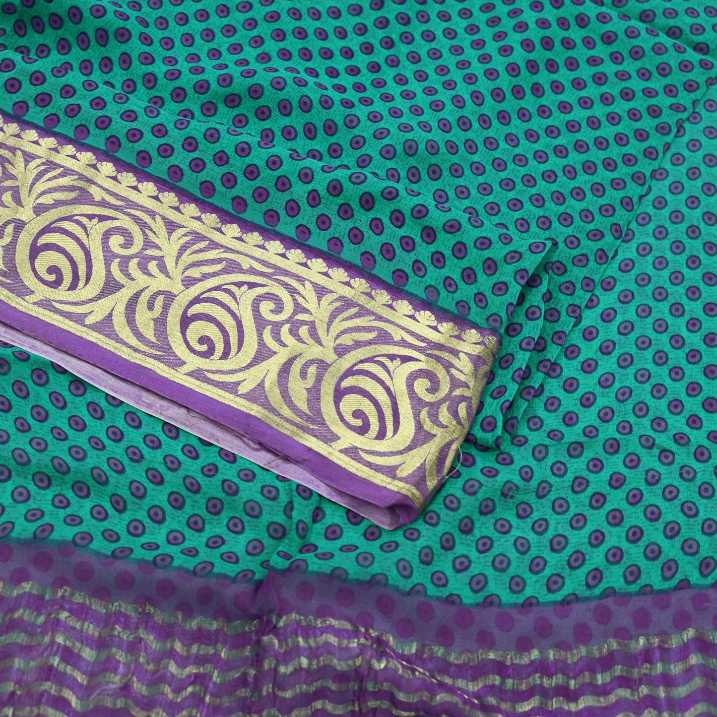 Indian Vintage Sari Green & Purple Pure Chiffon Silk Printed Sarees 5Yd Craft Fabric Sewing Soft Zari Border Dress Making Upcycle Quilting