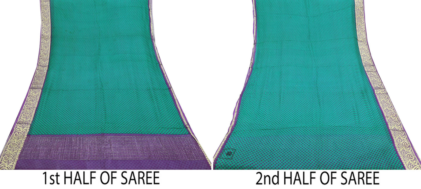 Indian Vintage Sari Green & Purple Pure Chiffon Silk Printed Sarees 5Yd Craft Fabric Sewing Soft Zari Border Dress Making Upcycle Quilting
