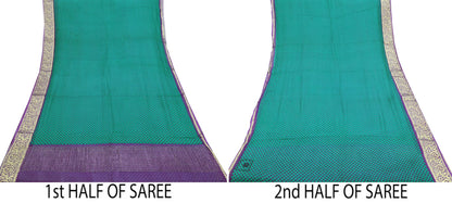 Indian Vintage Sari Green & Purple Pure Chiffon Silk Printed Sarees 5Yd Craft Fabric Sewing Soft Zari Border Dress Making Upcycle Quilting