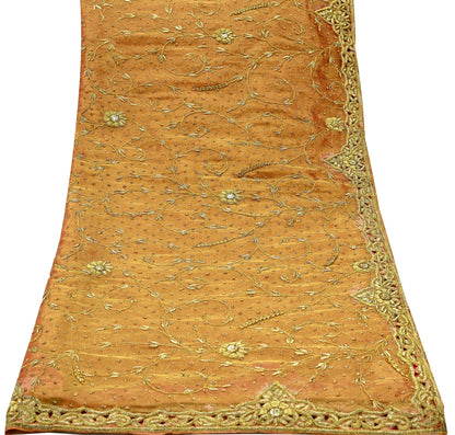 Indian Vintage Heavy Golden Dupatta Pure Tissue Silk Long Stole Hand Embroidered Scarves Zari Zardozi/Dabka