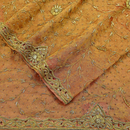Indian Vintage Heavy Golden Dupatta Pure Tissue Silk Long Stole Hand Embroidered Scarves Zari Zardozi/Dabka
