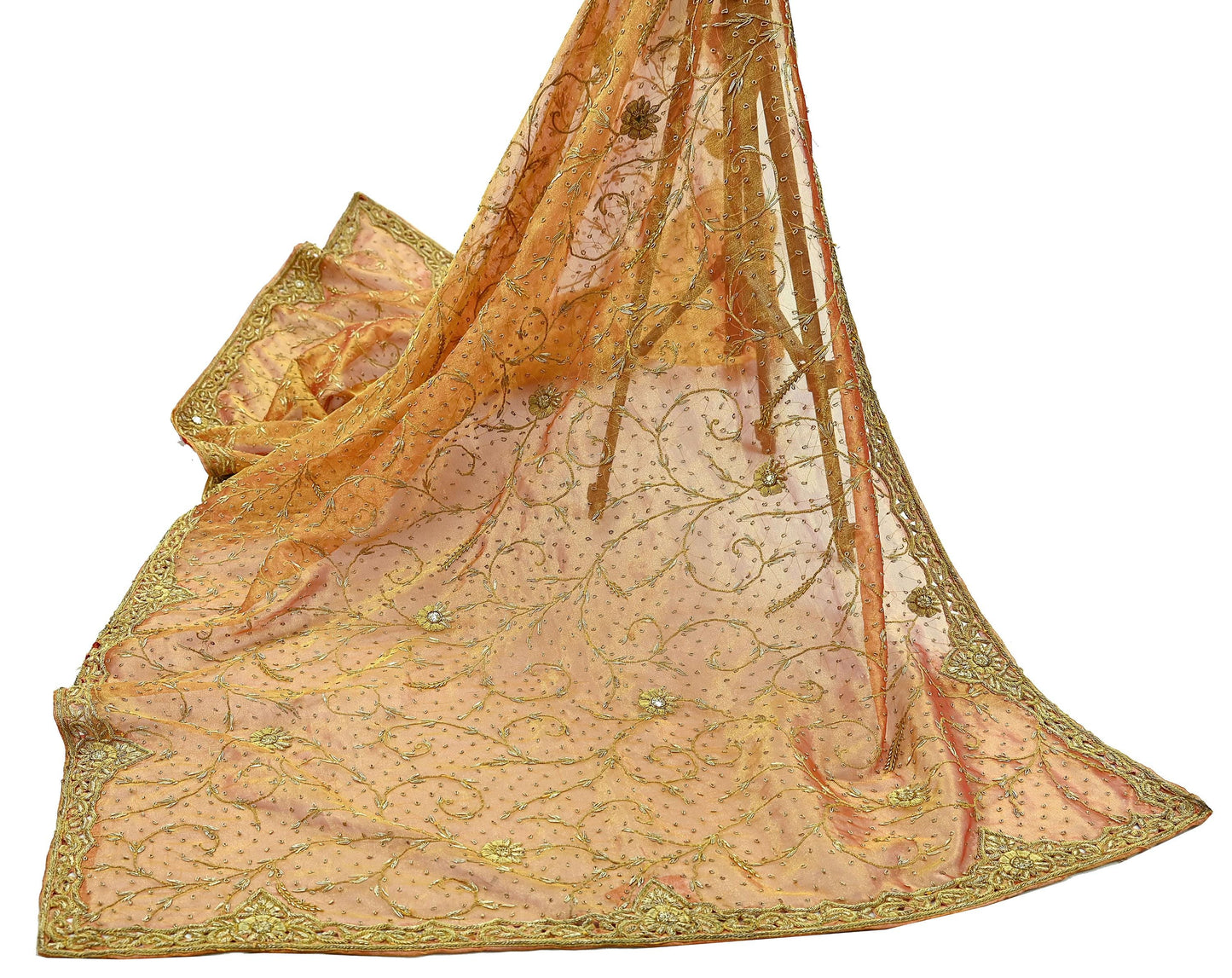 Indian Vintage Heavy Golden Dupatta Pure Tissue Silk Long Stole Hand Embroidered Scarves Zari Zardozi/Dabka