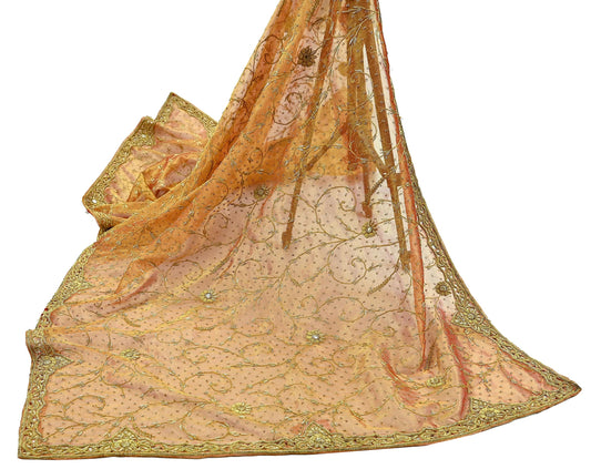 Indian Vintage Heavy Golden Dupatta Pure Tissue Silk Long Stole Hand Embroidered Scarves Zari Zardozi/Dabka