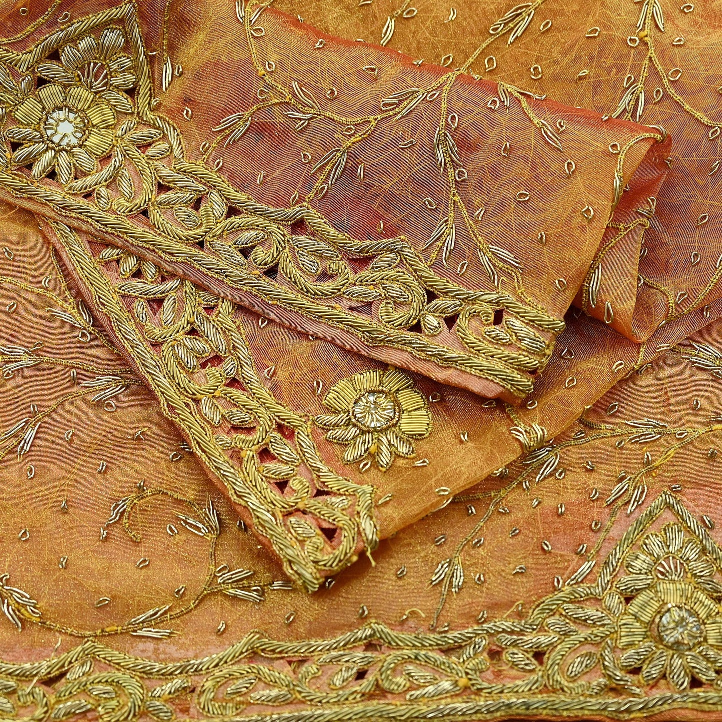 Indian Vintage Heavy Golden Dupatta Pure Tissue Silk Long Stole Hand Embroidered Scarves Zari Zardozi/Dabka