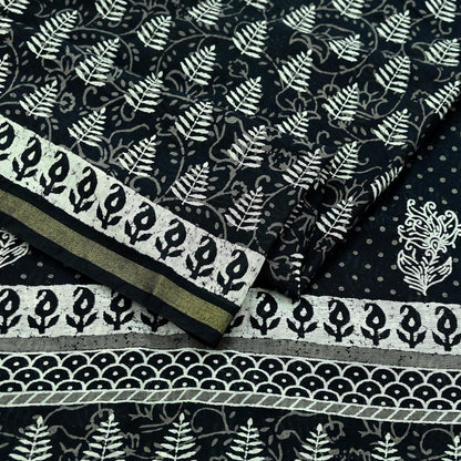 Indian Vintage Sari Black Pure chanderi Silk Bagru Printed Sarees Fabric 5Yd Floral Soft Golden Zari Border Ethnic Dress making Upcycle