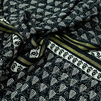 Indian Vintage Sari Black Pure chanderi Silk Bagru Printed Sarees Fabric 5Yd Floral Soft Golden Zari Border Ethnic Dress making Upcycle