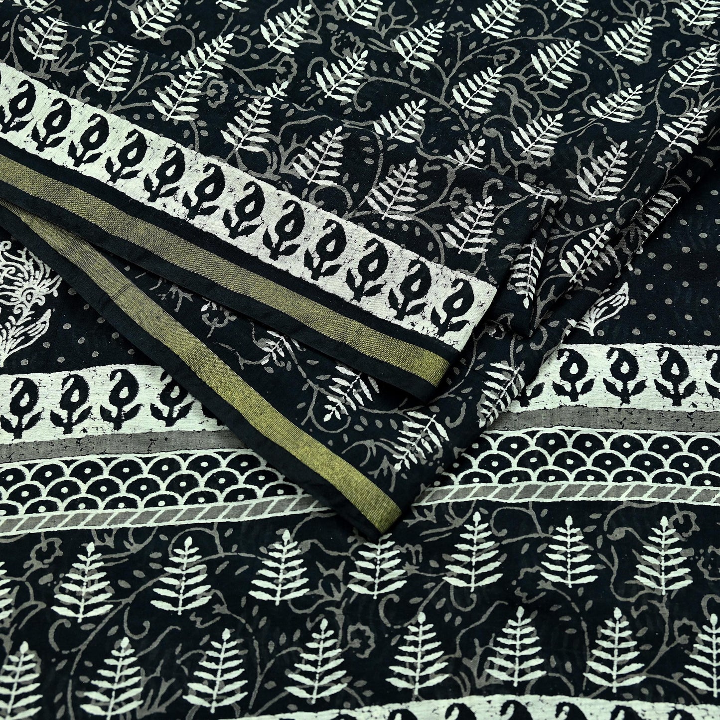 Indian Vintage Sari Black Pure chanderi Silk Bagru Printed Sarees Fabric 5Yd Floral Soft Golden Zari Border Ethnic Dress making Upcycle
