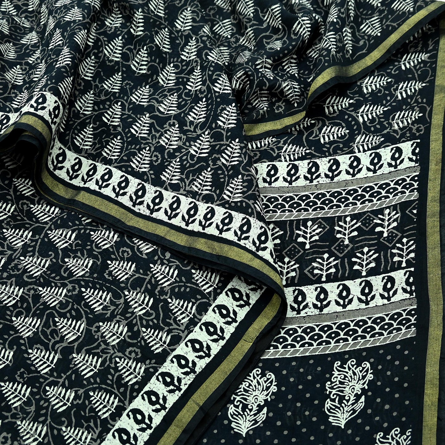 Indian Vintage Sari Black Pure chanderi Silk Bagru Printed Sarees Fabric 5Yd Floral Soft Golden Zari Border Ethnic Dress making Upcycle