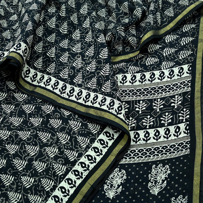 Indian Vintage Sari Black Pure chanderi Silk Bagru Printed Sarees Fabric 5Yd Floral Soft Golden Zari Border Ethnic Dress making Upcycle