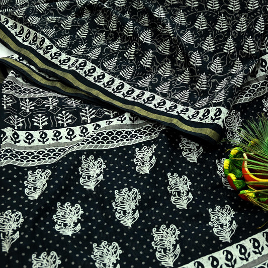 Indian Vintage Sari Black Pure chanderi Silk Bagru Printed Sarees Fabric 5Yd Floral Soft Golden Zari Border Ethnic Dress making Upcycle