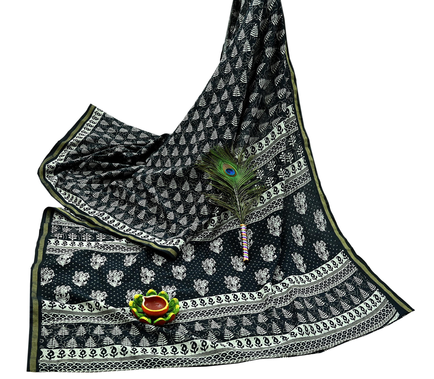 Indian Vintage Sari Black Pure chanderi Silk Bagru Printed Sarees Fabric 5Yd Floral Soft Golden Zari Border Ethnic Dress making Upcycle