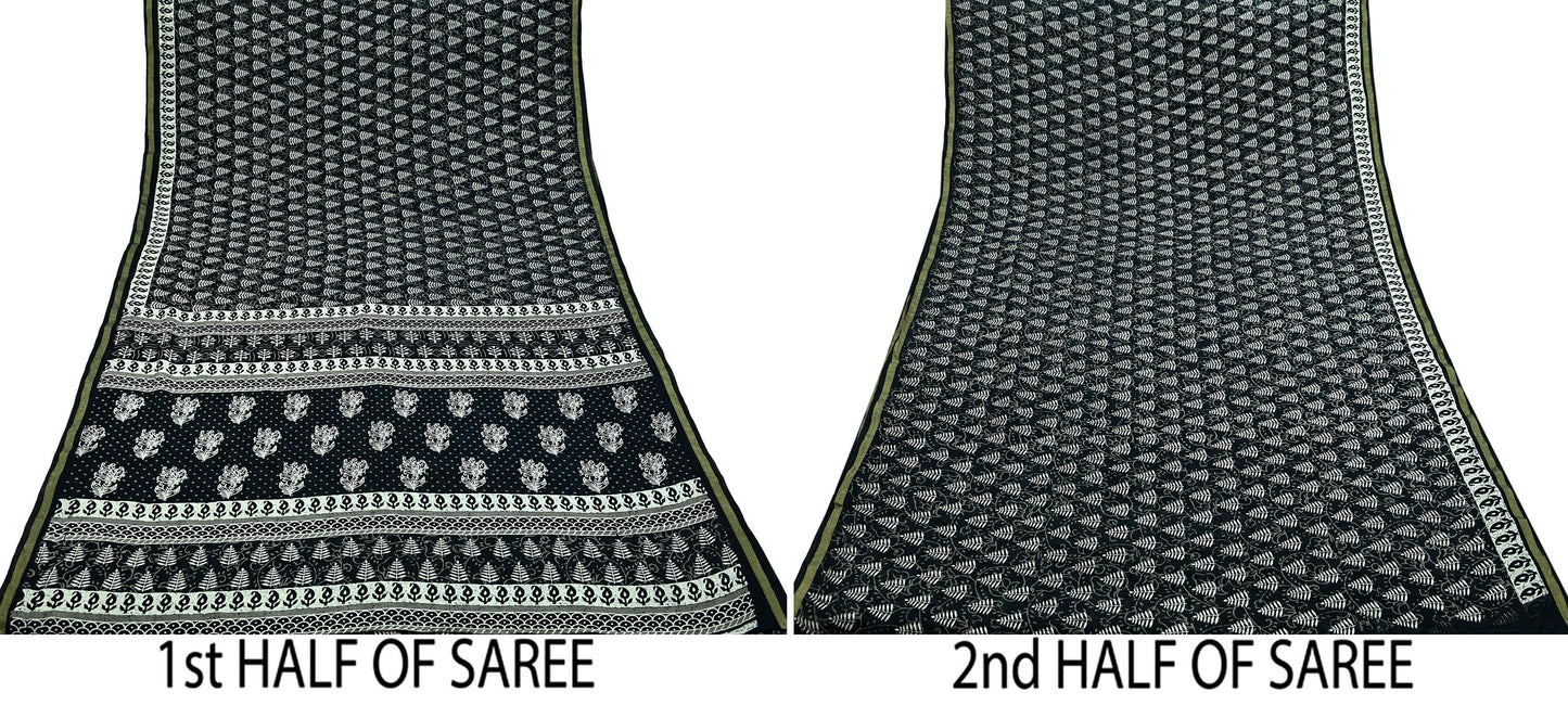 Indian Vintage Sari Black Pure chanderi Silk Bagru Printed Sarees Fabric 5Yd Floral Soft Golden Zari Border Ethnic Dress making Upcycle