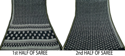 Indian Vintage Sari Black Pure chanderi Silk Bagru Printed Sarees Fabric 5Yd Floral Soft Golden Zari Border Ethnic Dress making Upcycle