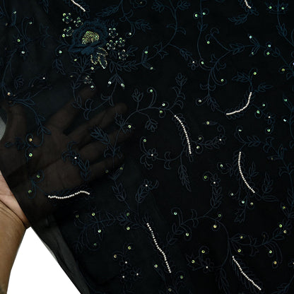 Indian Vintage Heavy Sari Black Pure Georgette Silk Hand Embroidered Sarees Fabric 6Yd Sewing Soft Ethnic Dress making Crafting Quilting