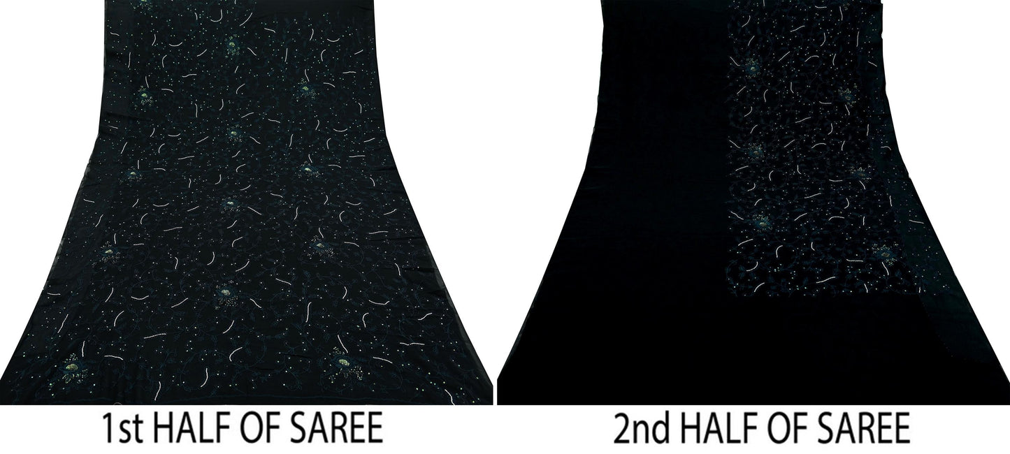 Indian Vintage Heavy Sari Black Pure Georgette Silk Hand Embroidered Sarees Fabric 6Yd Sewing Soft Ethnic Dress making Crafting Quilting