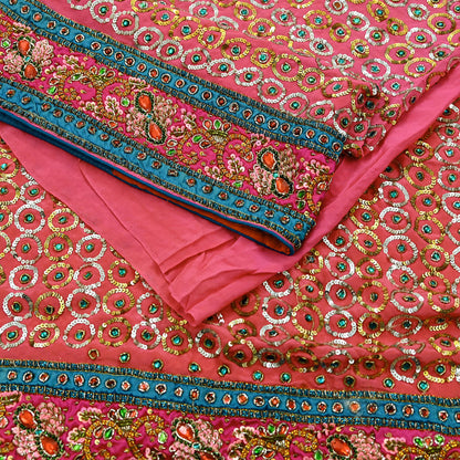 Indian Vintage Pink Saree Pure Crepe Silk Hand Embroidered Sari Fabric 5Yd Sewing Soft Zardozi/Dabka Sequins