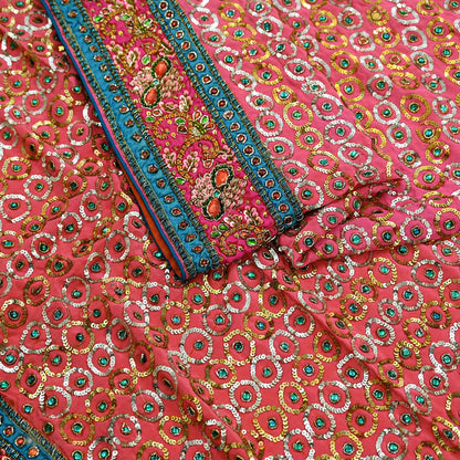 Indian Vintage Pink Saree Pure Crepe Silk Hand Embroidered Sari Fabric 5Yd Sewing Soft Zardozi/Dabka Sequins
