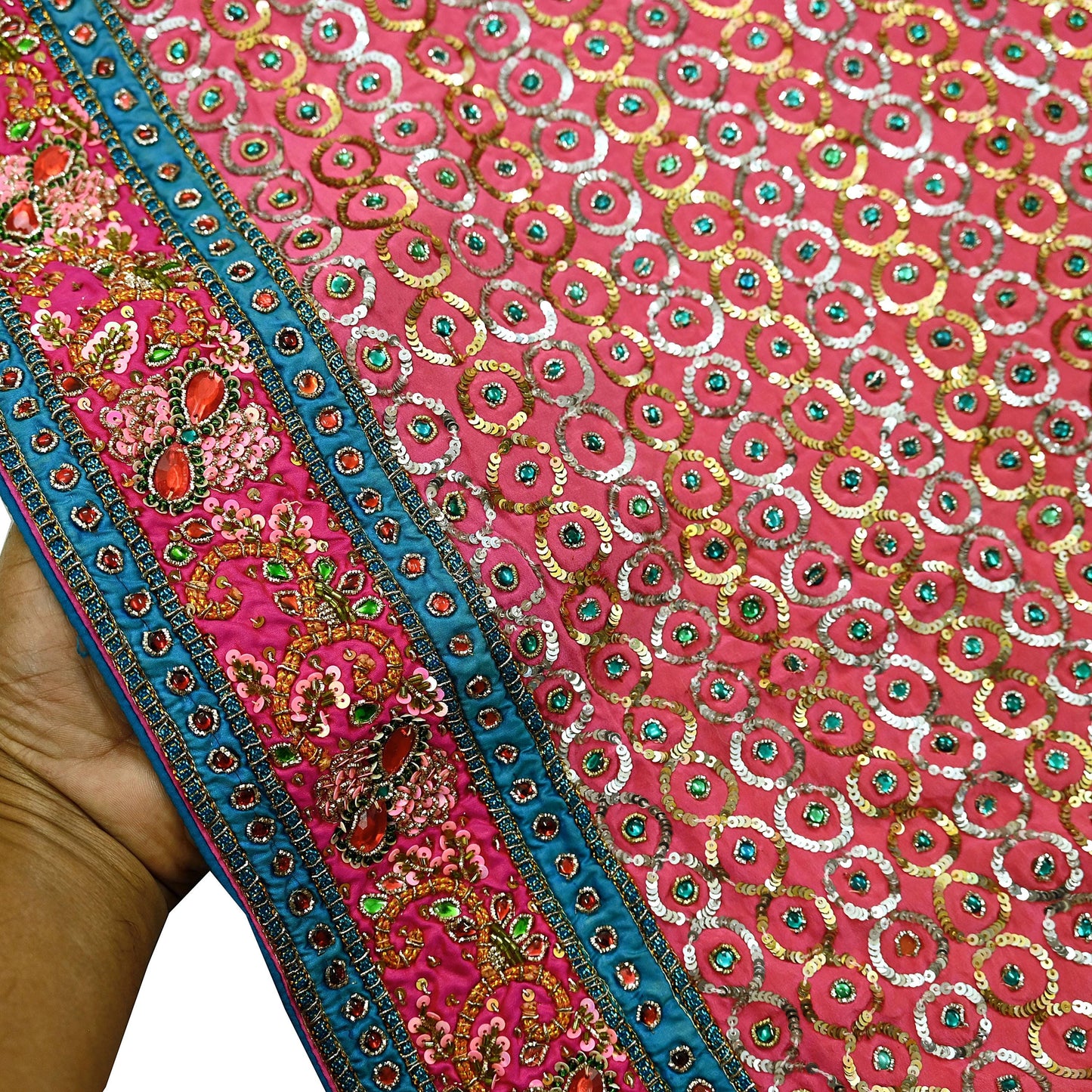 Indian Vintage Pink Saree Pure Crepe Silk Hand Embroidered Sari Fabric 5Yd Sewing Soft Zardozi/Dabka Sequins
