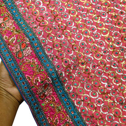 Indian Vintage Pink Saree Pure Crepe Silk Hand Embroidered Sari Fabric 5Yd Sewing Soft Zardozi/Dabka Sequins