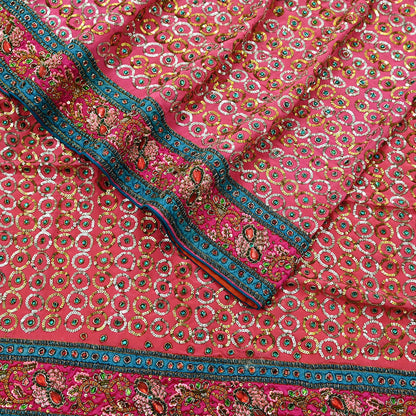 Indian Vintage Pink Saree Pure Crepe Silk Hand Embroidered Sari Fabric 5Yd Sewing Soft Zardozi/Dabka Sequins