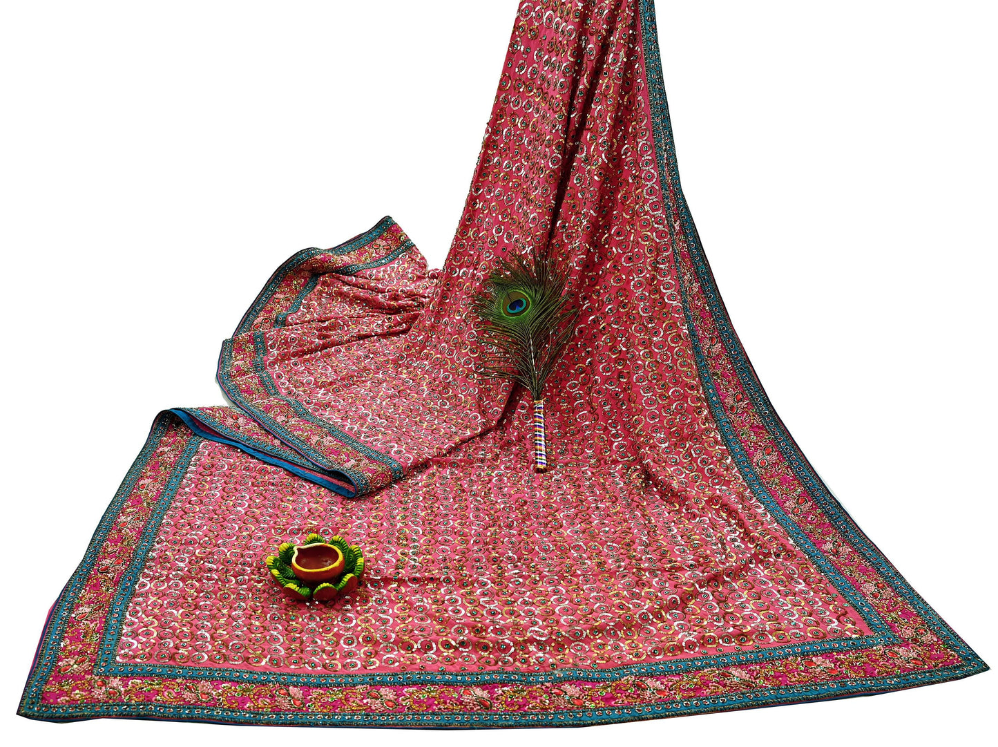 Indian Vintage Pink Saree Pure Crepe Silk Hand Embroidered Sari Fabric 5Yd Sewing Soft Zardozi/Dabka Sequins