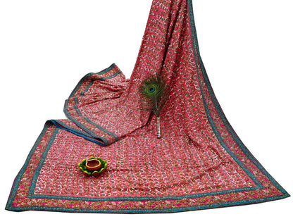 Indian Vintage Pink Saree Pure Crepe Silk Hand Embroidered Sari Fabric 5Yd Sewing Soft Zardozi/Dabka Sequins