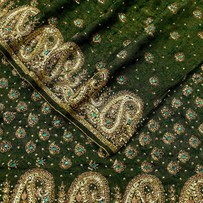 Indian Vintage Heavy Sarees Green Pure Georgette Silk Hand Embroidered Sari Fabric 5Yd Sewing Ethnic Zardozi/dabka zari Wedding sarees
