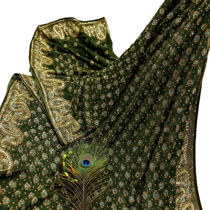 Indian Vintage Heavy Sarees Green Pure Georgette Silk Hand Embroidered Sari Fabric 5Yd Sewing Ethnic Zardozi/dabka zari Wedding sarees