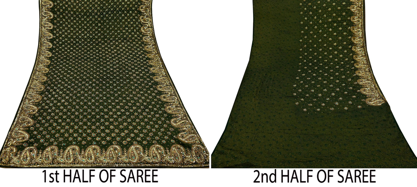 Indian Vintage Heavy Sarees Green Pure Georgette Silk Hand Embroidered Sari Fabric 5Yd Sewing Ethnic Zardozi/dabka zari Wedding sarees