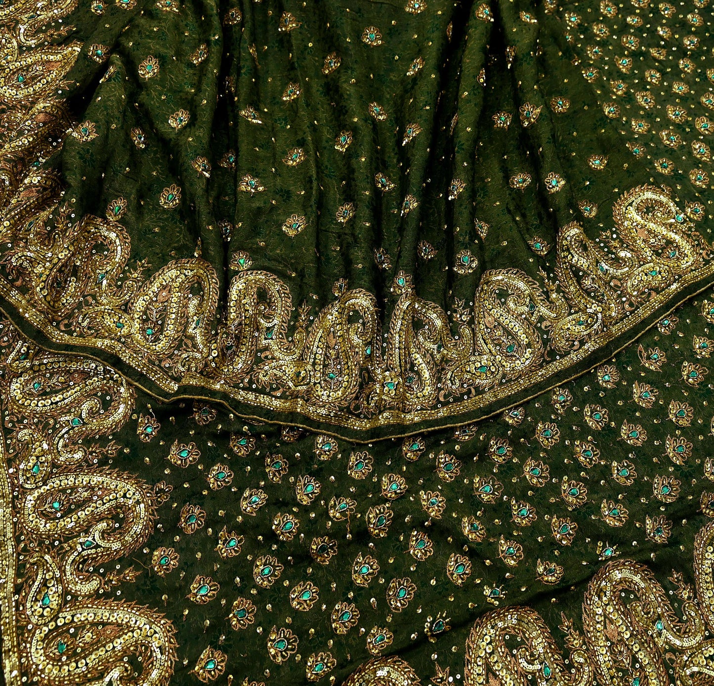 Indian Vintage Heavy Sarees Green Pure Georgette Silk Hand Embroidered Sari Fabric 5Yd Sewing Ethnic Zardozi/dabka zari Wedding sarees