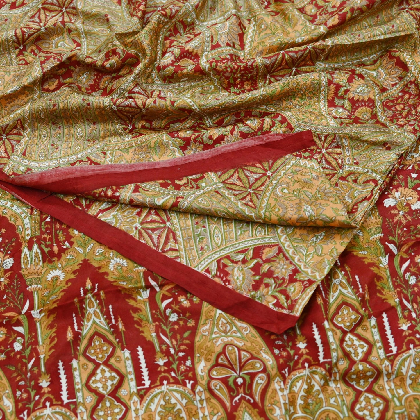 Indian Vintage Sari Red Pure Silk Printed Sarees 5yd Sewing Craft Fabric Dress Making Soft Quilting Crafting Upcycle Used Floral