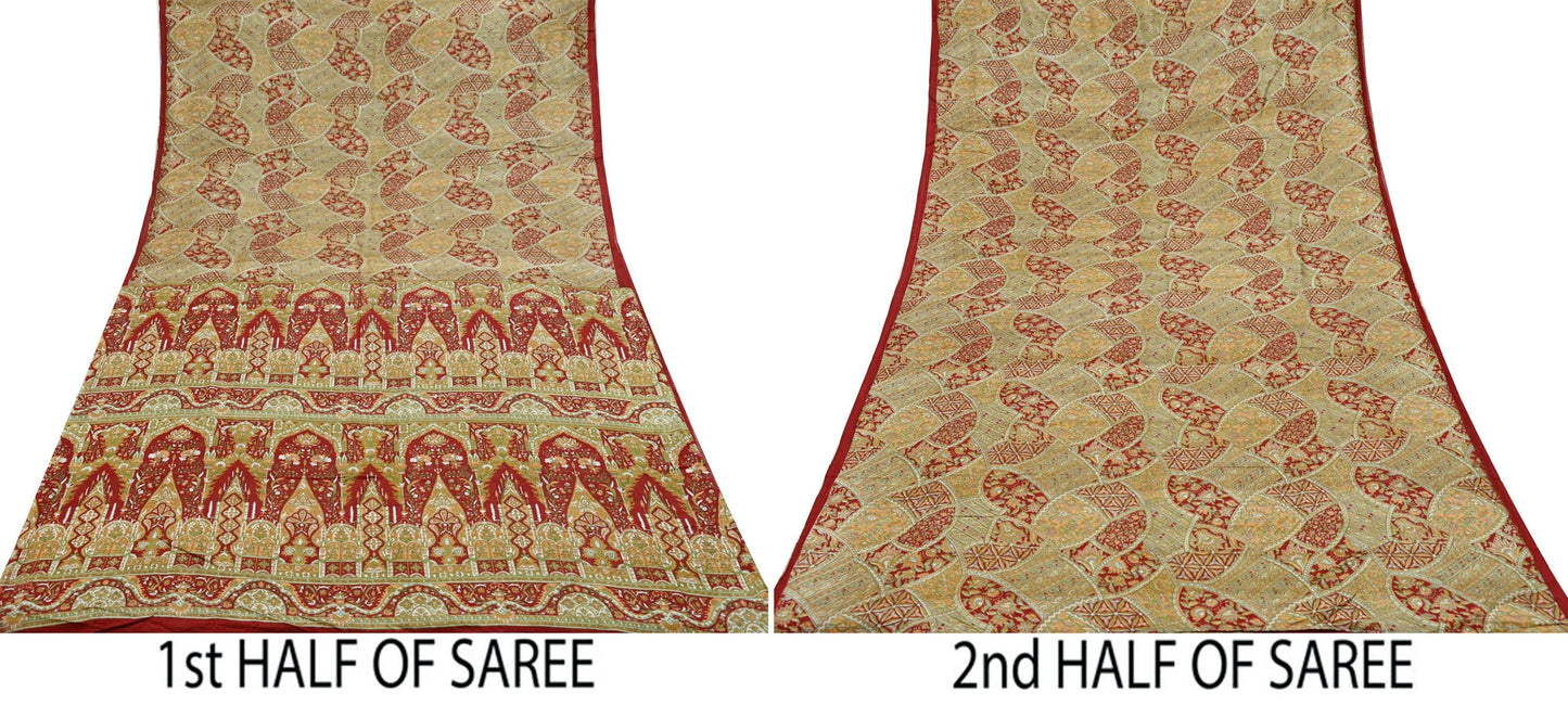 Indian Vintage Sari Red Pure Silk Printed Sarees 5yd Sewing Craft Fabric Dress Making Soft Quilting Crafting Upcycle Used Floral