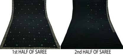 Indian Vintage Black Saree Pure Crepe Silk Hand Embroidered Sari Craft Fabric 5Yd Sewing Soft Zardozi/Dabka Dress making With Blouse Pcs