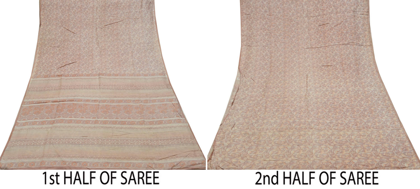 Indian Vintage Sari Brown 100% Pure Silk Printed Saree Craft Fabric 5yd Sewing DressMaking Wrap Floral Crafting Quilting Used