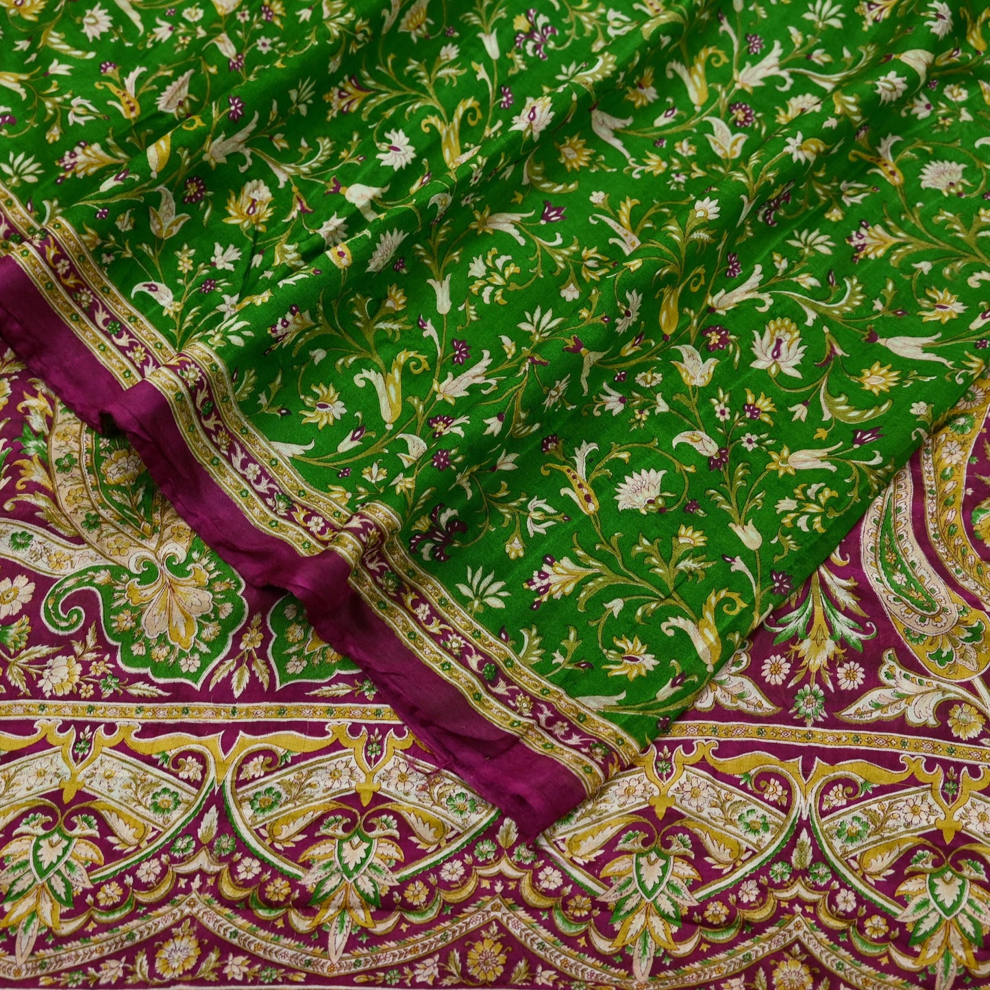 Indian Vintage Sari Purple & Green Pure Silk Printed Saree 6yd Sewing Quilting Craft Fabric Dress Making/ Designing Soft Upcycle Used Floral