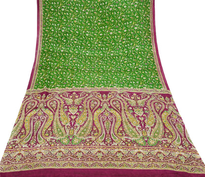 Indian Vintage Sari Purple & Green Pure Silk Printed Saree 6yd Sewing Quilting Craft Fabric Dress Making/ Designing Soft Upcycle Used Floral