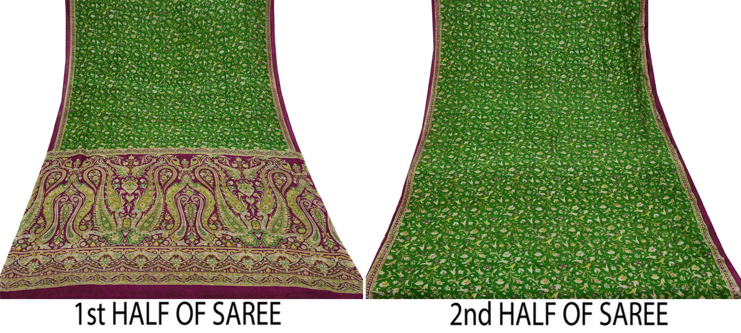 Indian Vintage Sari Purple & Green Pure Silk Printed Saree 6yd Sewing Quilting Craft Fabric Dress Making/ Designing Soft Upcycle Used Floral
