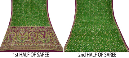 Indian Vintage Sari Purple & Green Pure Silk Printed Saree 6yd Sewing Quilting Craft Fabric Dress Making/ Designing Soft Upcycle Used Floral