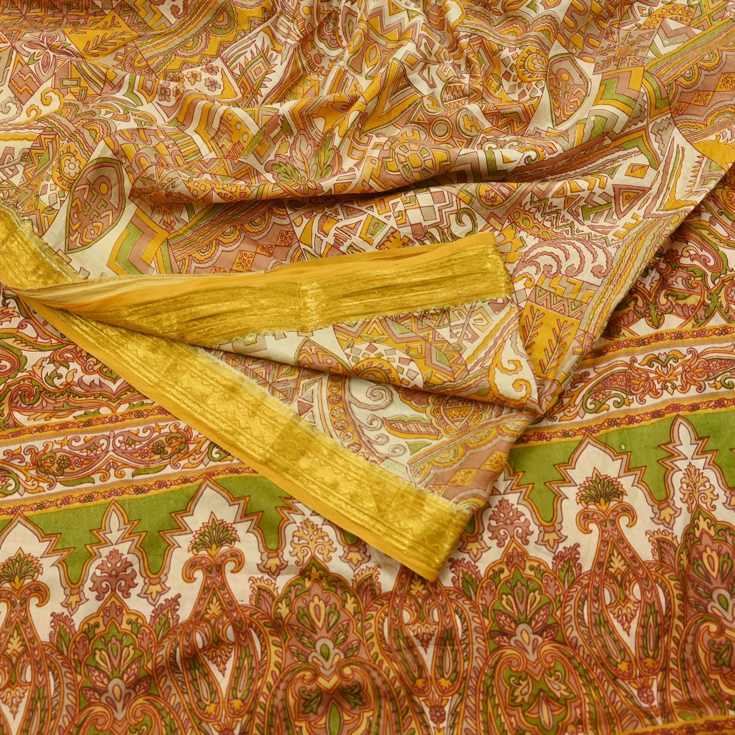 Indian Vintage Sari Ivory Pure Silk Printed Sarees Fabric 6yd Sewing Zari Border Craft Fabric DressMaking Soft Crafting Quilting