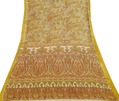 Indian Vintage Sari Ivory Pure Silk Printed Sarees Fabric 6yd Sewing Zari Border Craft Fabric DressMaking Soft Crafting Quilting